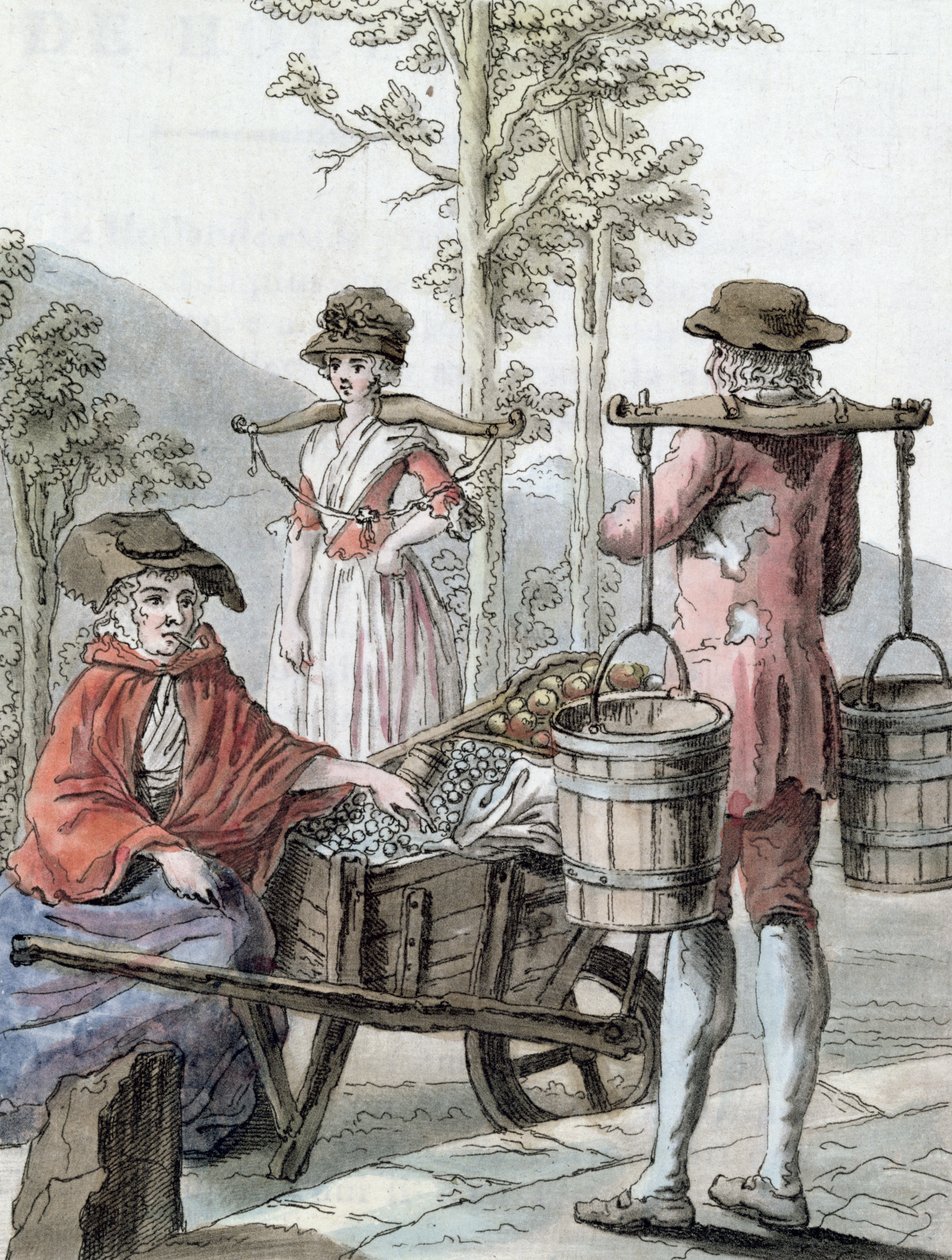 Englische Bauern verkaufen Obst und tragen Milch, Illustration aus 