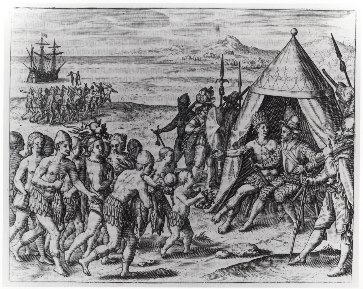 Sir Walter Raleigh (1554-1618) versucht, Freundschaft mit König Arromaia von Guiana zu schließen, aus 