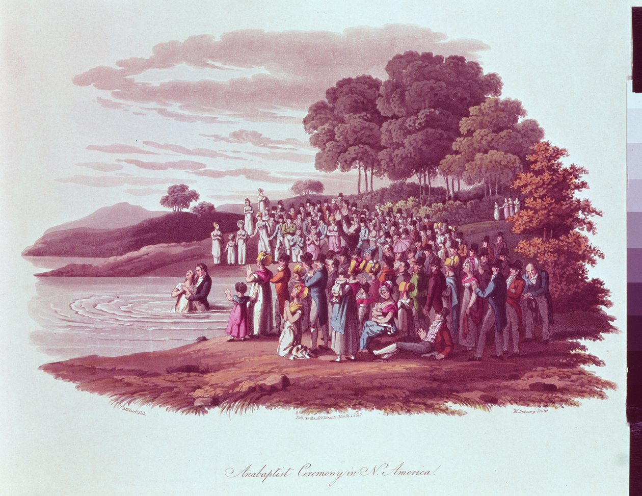 Anabaptistenzermonie in Nordamerika, graviert von M. Dubourg, 1819 von Jacques Milbert