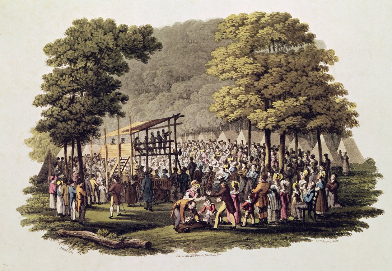 Camp Meeting der Methodisten in Nordamerika, graviert von Matthew Dubourg (fl.1813-20) 1819 von Jacques Milbert