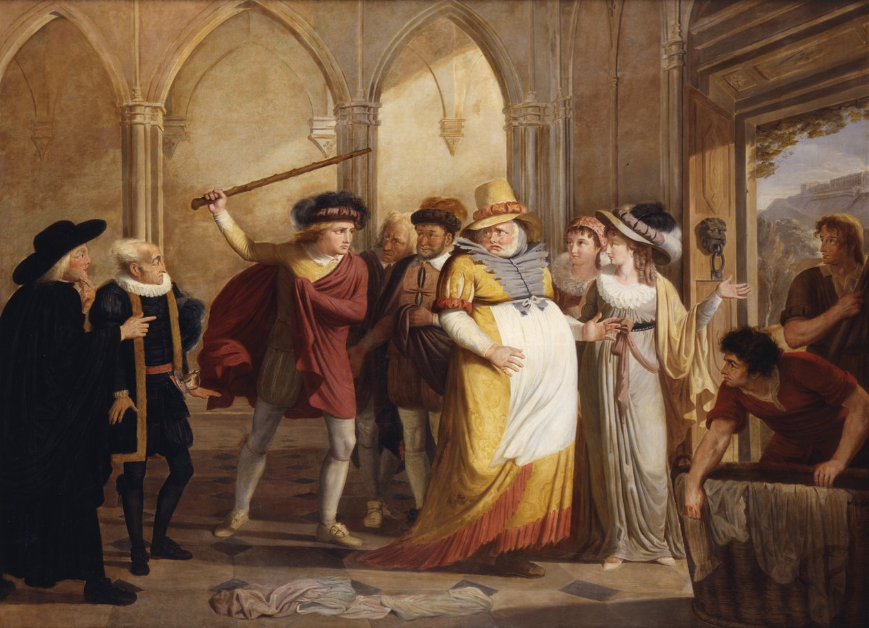 Falstaff in Verkleidung, geführt von Frau Page, Akt 4 Szene 2, in Die lustigen Weiber von Windsor, von William Shakespeare (1564-1616) c.1805 von James Durno