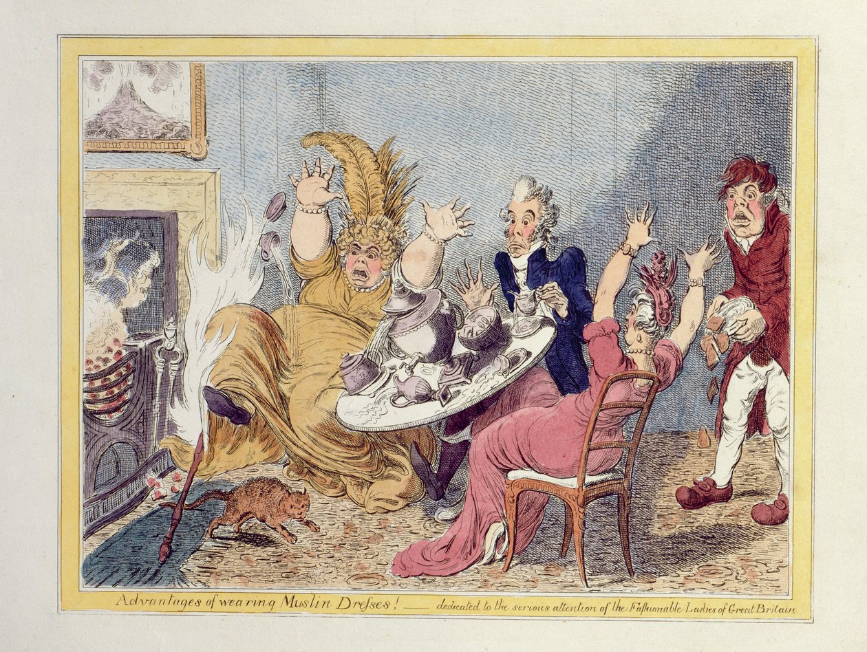 Vorteile des Tragens von Musselinkleidern! Gewidmet der ernsthaften Aufmerksamkeit der modischen Damen von Großbritannien, veröffentlicht von John Miller und W. Blackwood von James Gillray