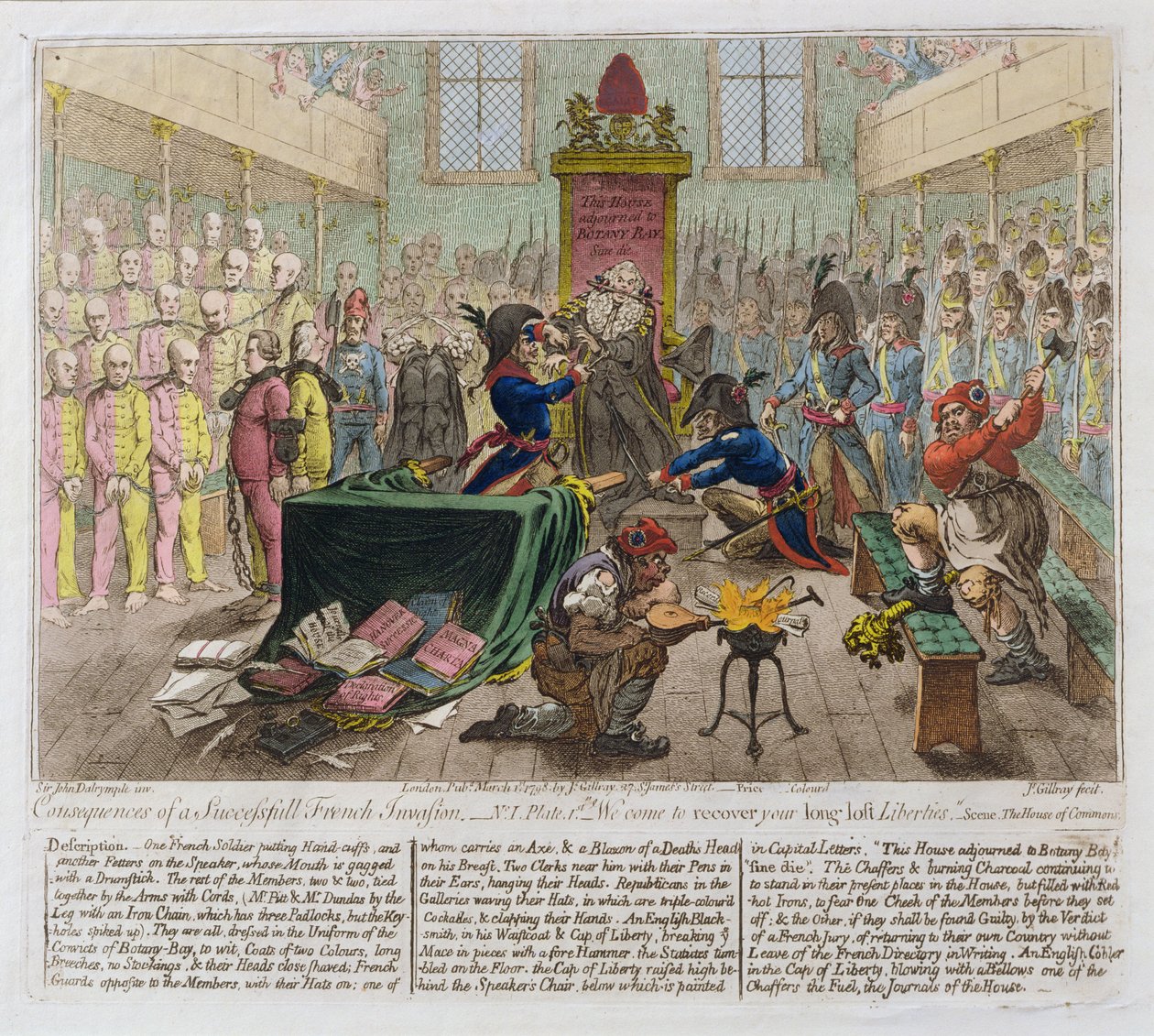 Folgen einer erfolgreichen französischen Invasion, oder Wir kommen, um Ihre lange verlorenen Freiheiten wiederherzustellen, 1798 (handkolorierte Radierung) von James Gillray