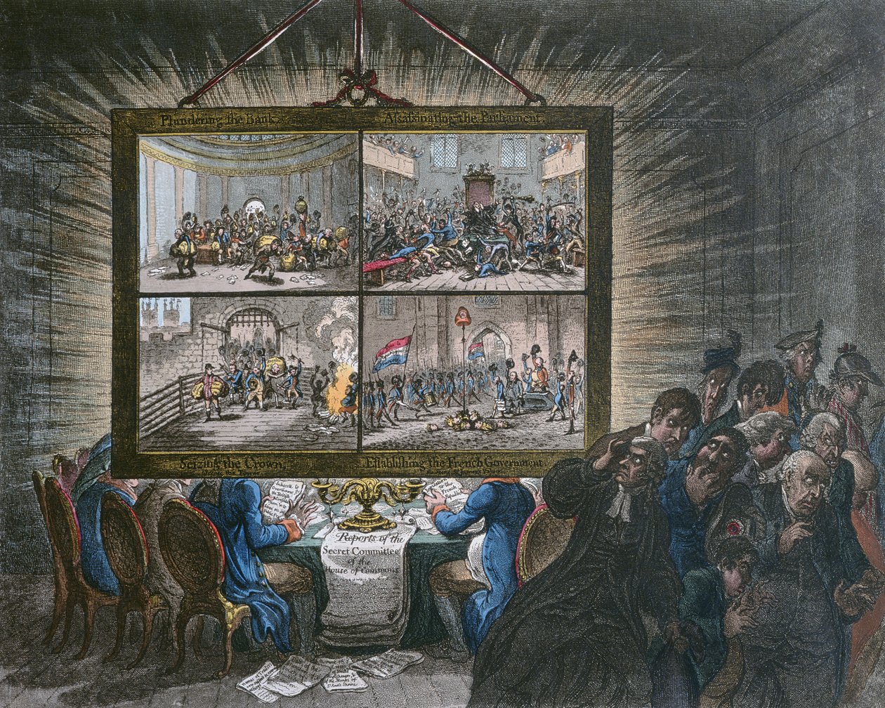 Ausstellung einer demokratischen Transparenz und ihre Wirkung auf patriotische Gefühle, veröffentlicht von Hannah Humphrey 1799 von James Gillray