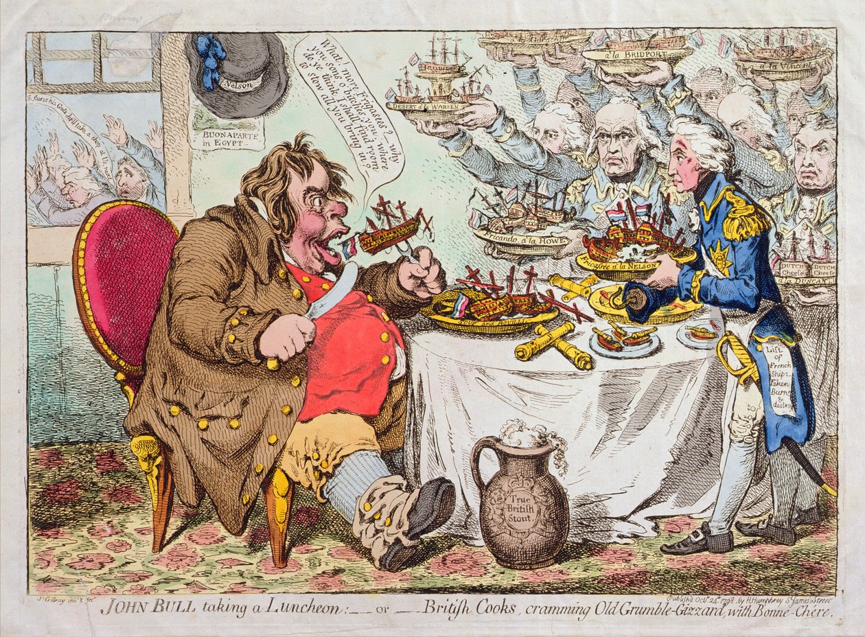 John Bull beim Mittagessen, oder britische Köche, die Old Grumble-Gizzard mit Bonne-Chere stopfen, veröffentlicht von Hannah Humphrey 1798 von James Gillray