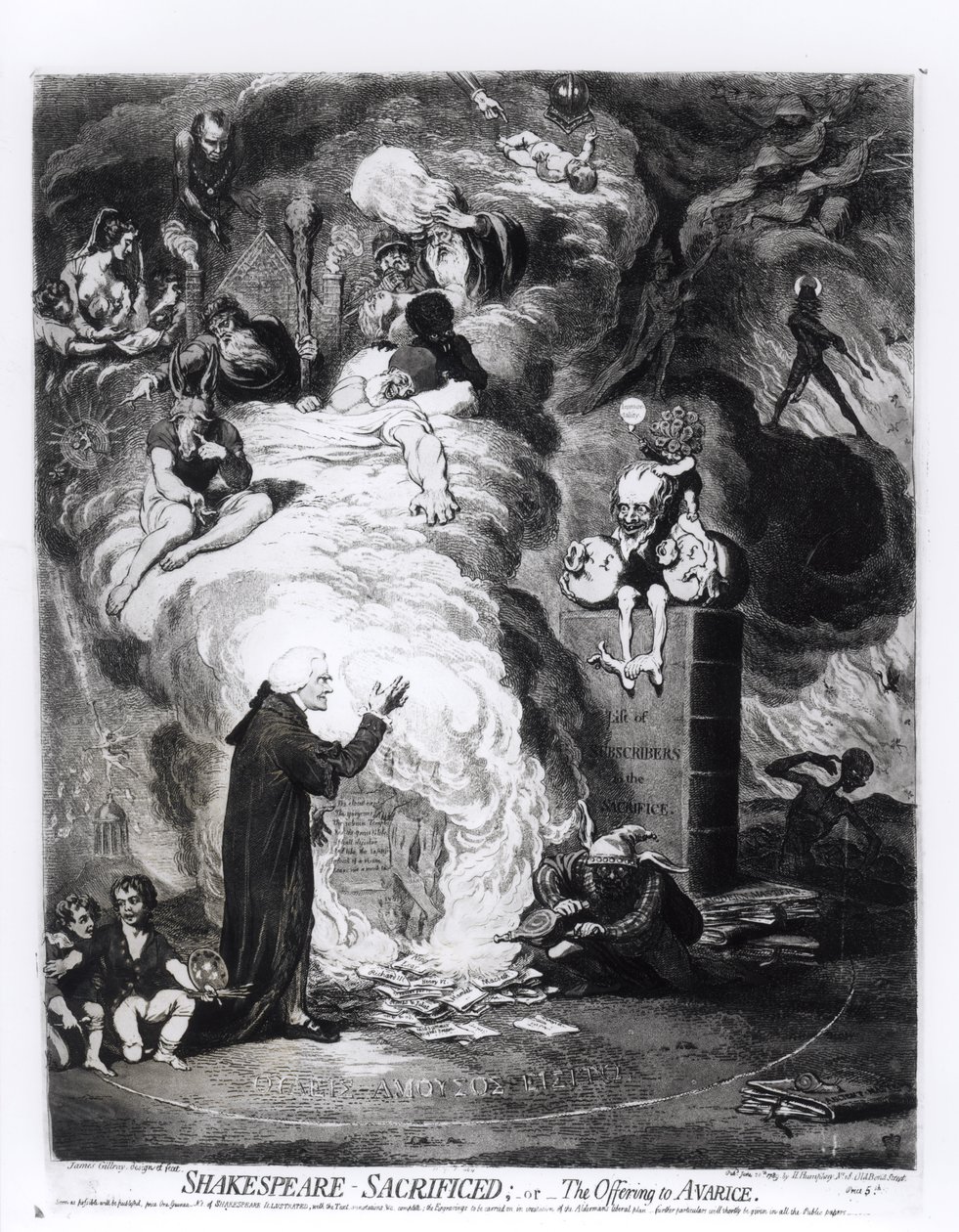 Shakespeare geopfert, oder Das Opfer für die Habgier, veröffentlicht 1789 von James Gillray