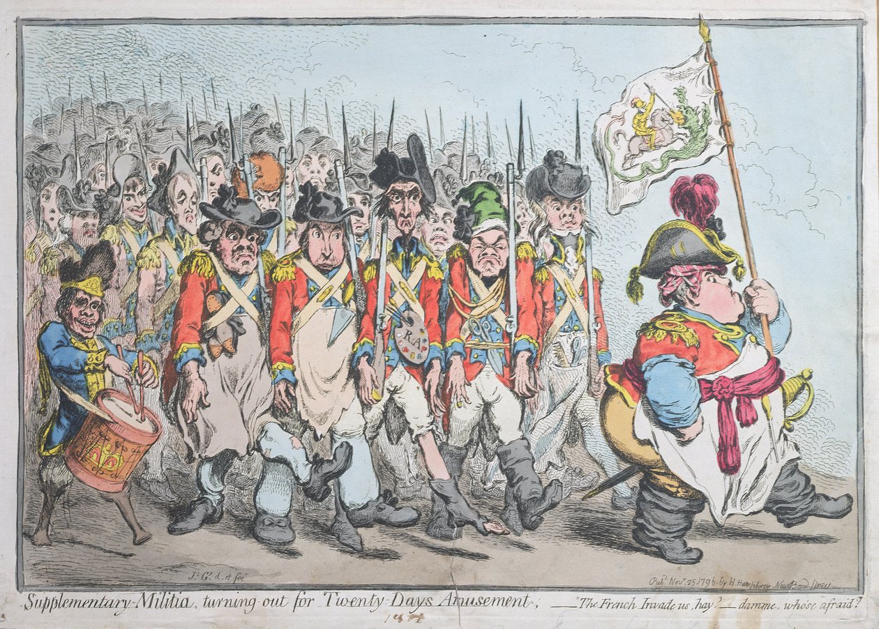 Ergänzungsmiliz für zwanzig Tage Vergnügen, oder Die Franzosen überfallen uns, hay damme, wer hat Angst, veröffentlicht von Hannah Humphrey 1796 von James Gillray