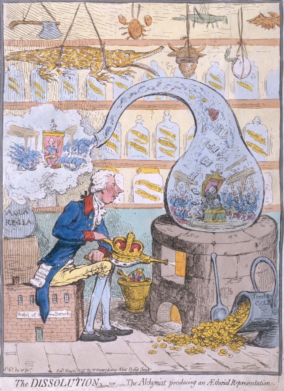 Die Auflösung oder der Alchemist, der eine ätherische Darstellung produziert, veröffentlicht von Hannah Humphrey in 1796 von James Gillray