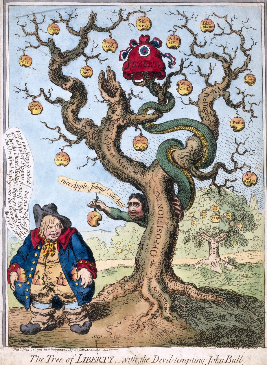 Der Baum der Freiheit mit dem Teufel, der John Bull verführt, veröffentlicht von Hannah Humphrey, 1798 von James Gillray