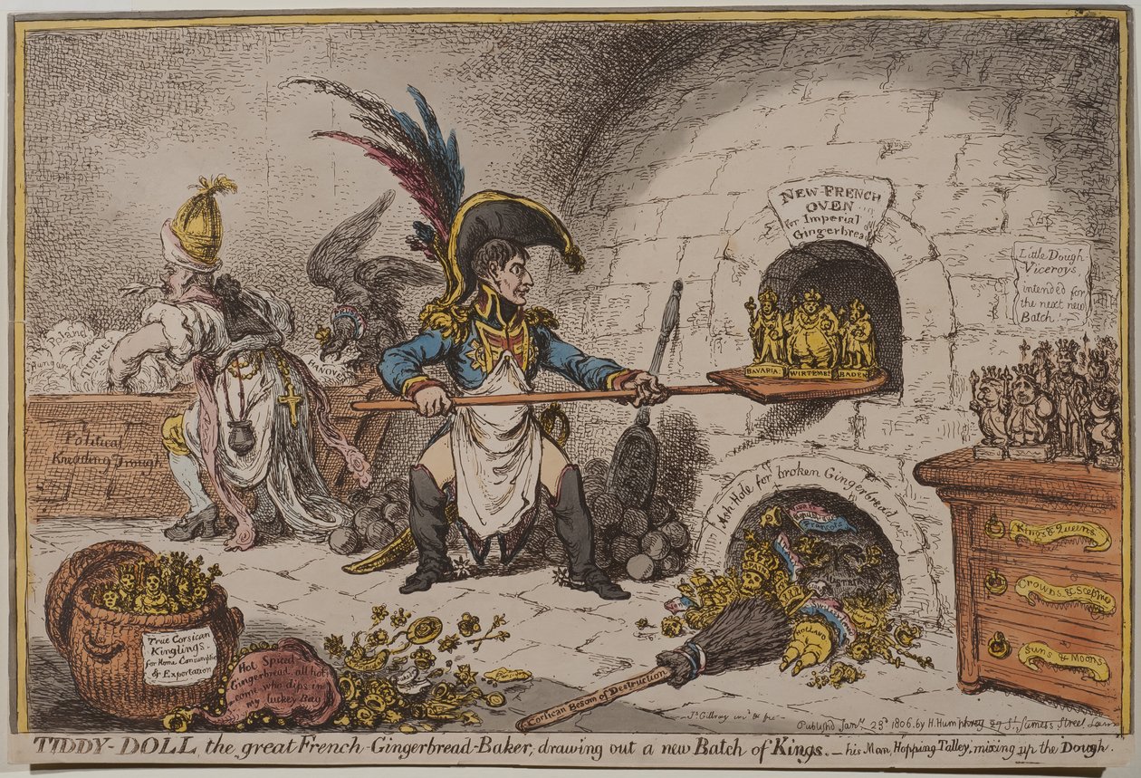 Tiddy-Doll der große französische Lebkuchenbäcker, zieht eine neue Charge Könige heraus, 1806 von James Gillray