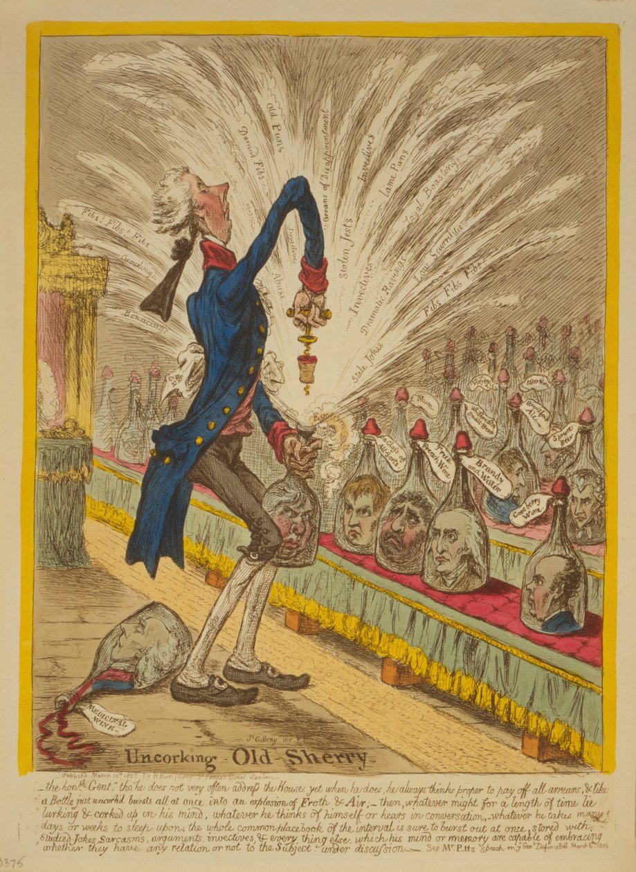 Entkorken von altem Sherry, 1805 von James Gillray
