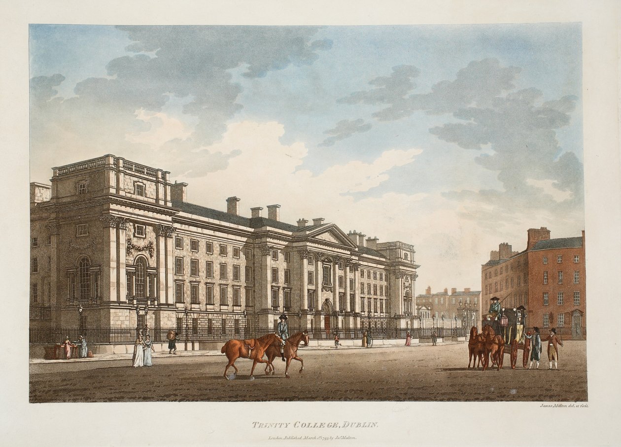 Trinity College, Dublin, 1793 (handkolorierter Stich) von James Malton