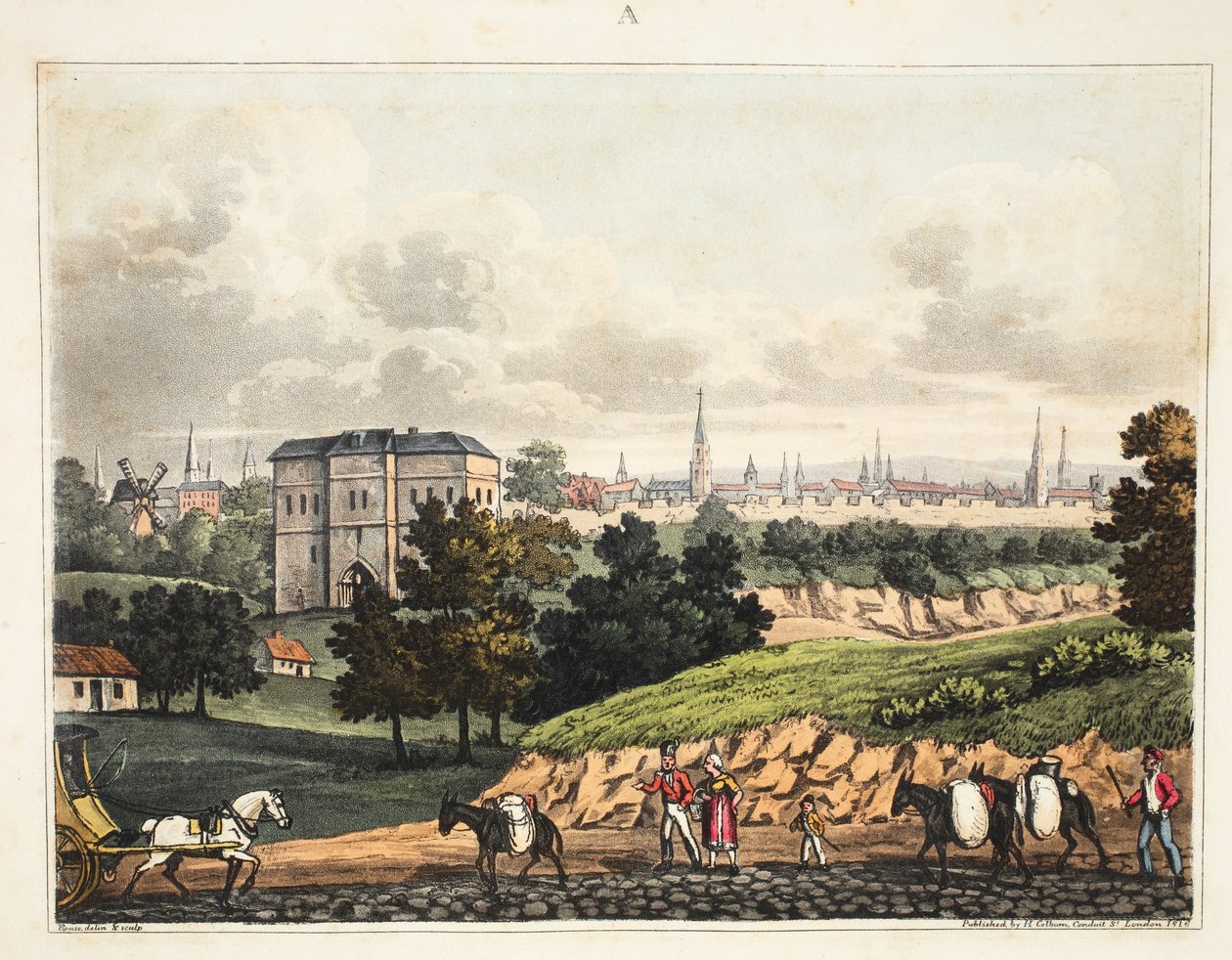 Die Stadt Brüssel, vom Eingang des Foret de Soigne, mit der Barriere, veröffentlicht von H. Colburn, 1816 von James Rouse