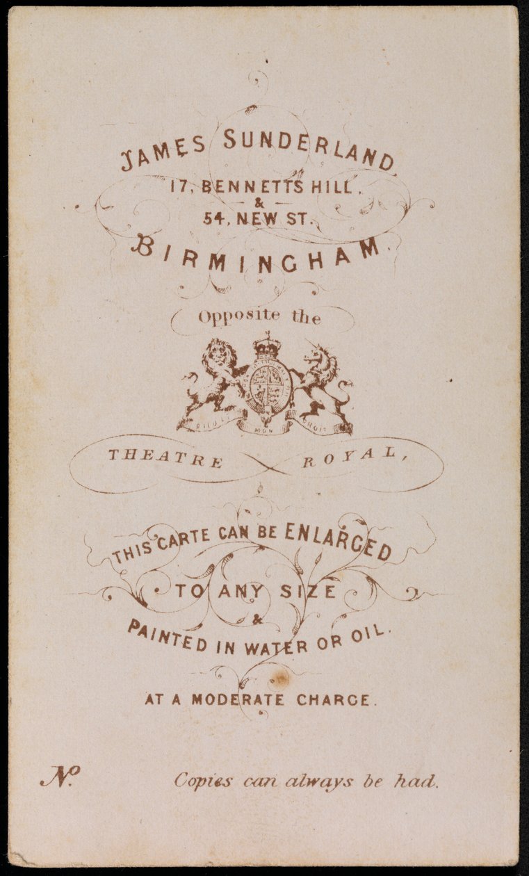 Impressum des Fotografen, ca. 1870 von James Sunderland