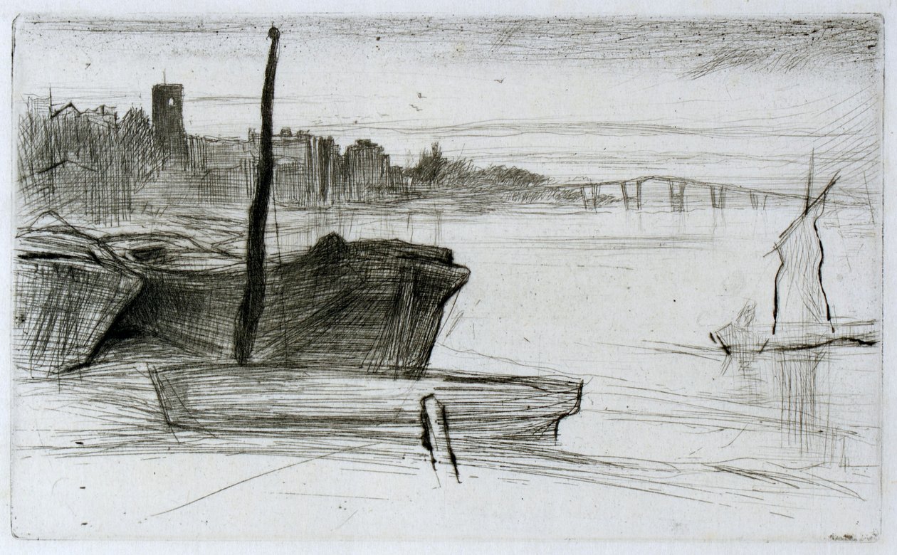 Chelsea-Brücke und Kirche von James Abbott McNeill Whistler