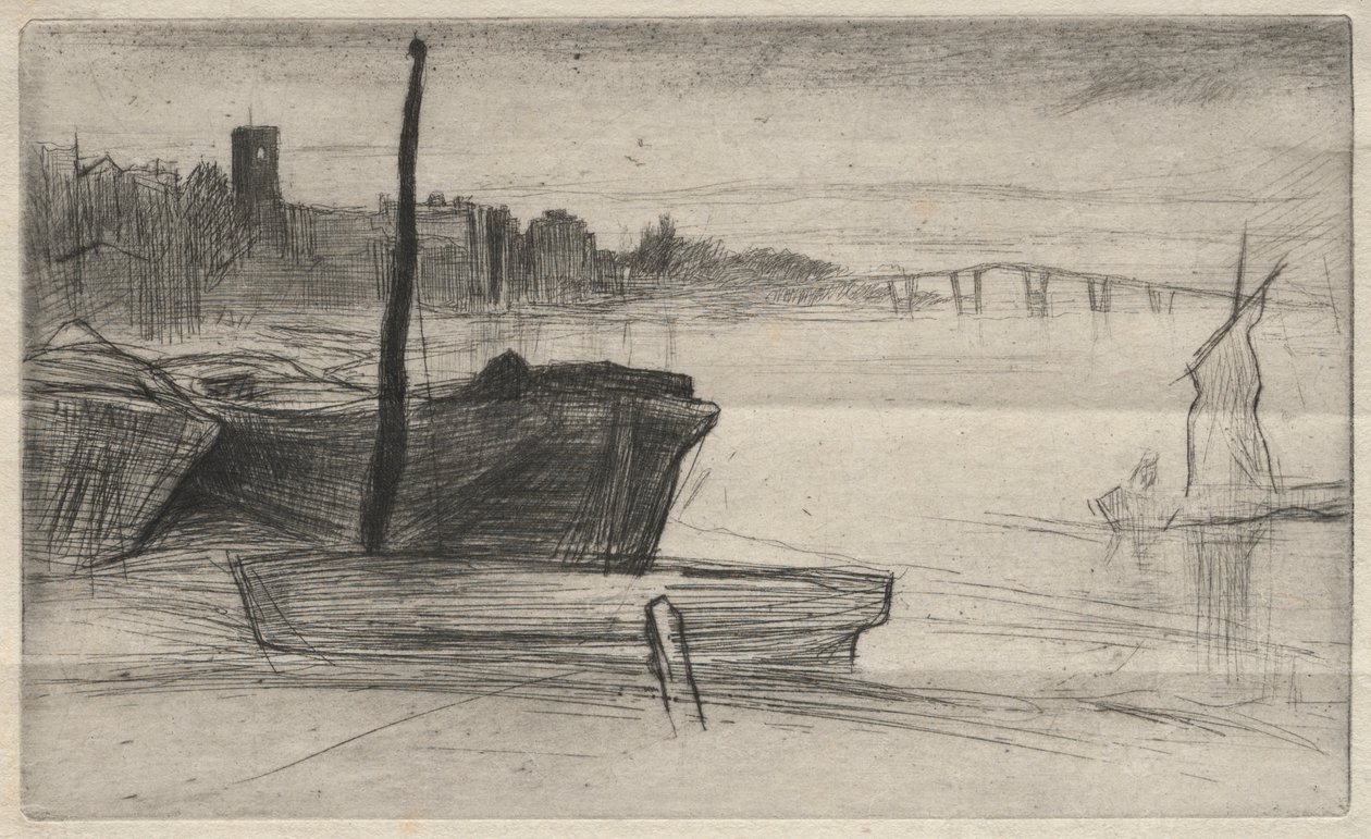 Chelsea-Brücke und Kirche, 1871 von James Abbott McNeill Whistler