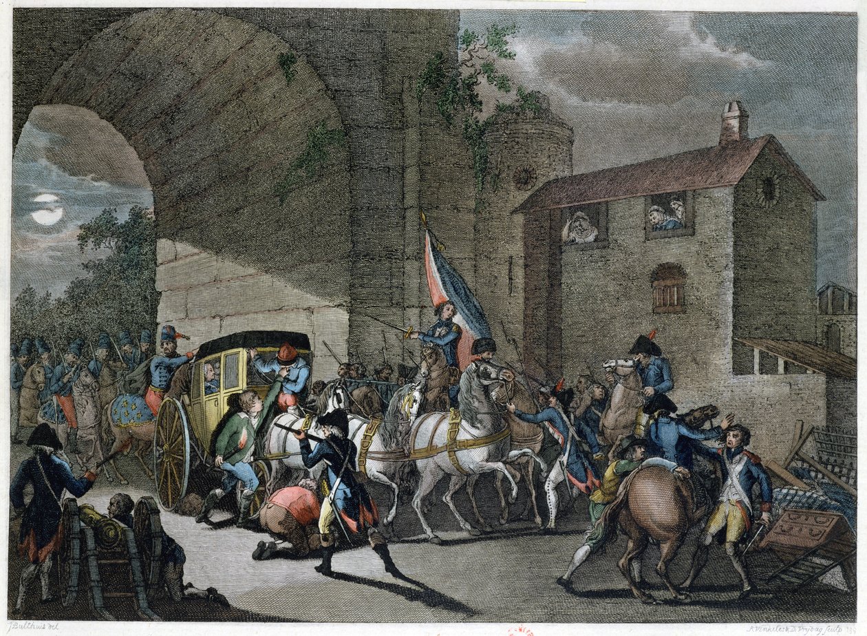 Die Verhaftung von Ludwig XVI. in Varennes, 22. Juni 1791, graviert von Reinier Vinkeles und Daniel Vrydag von Jan Bulthuis