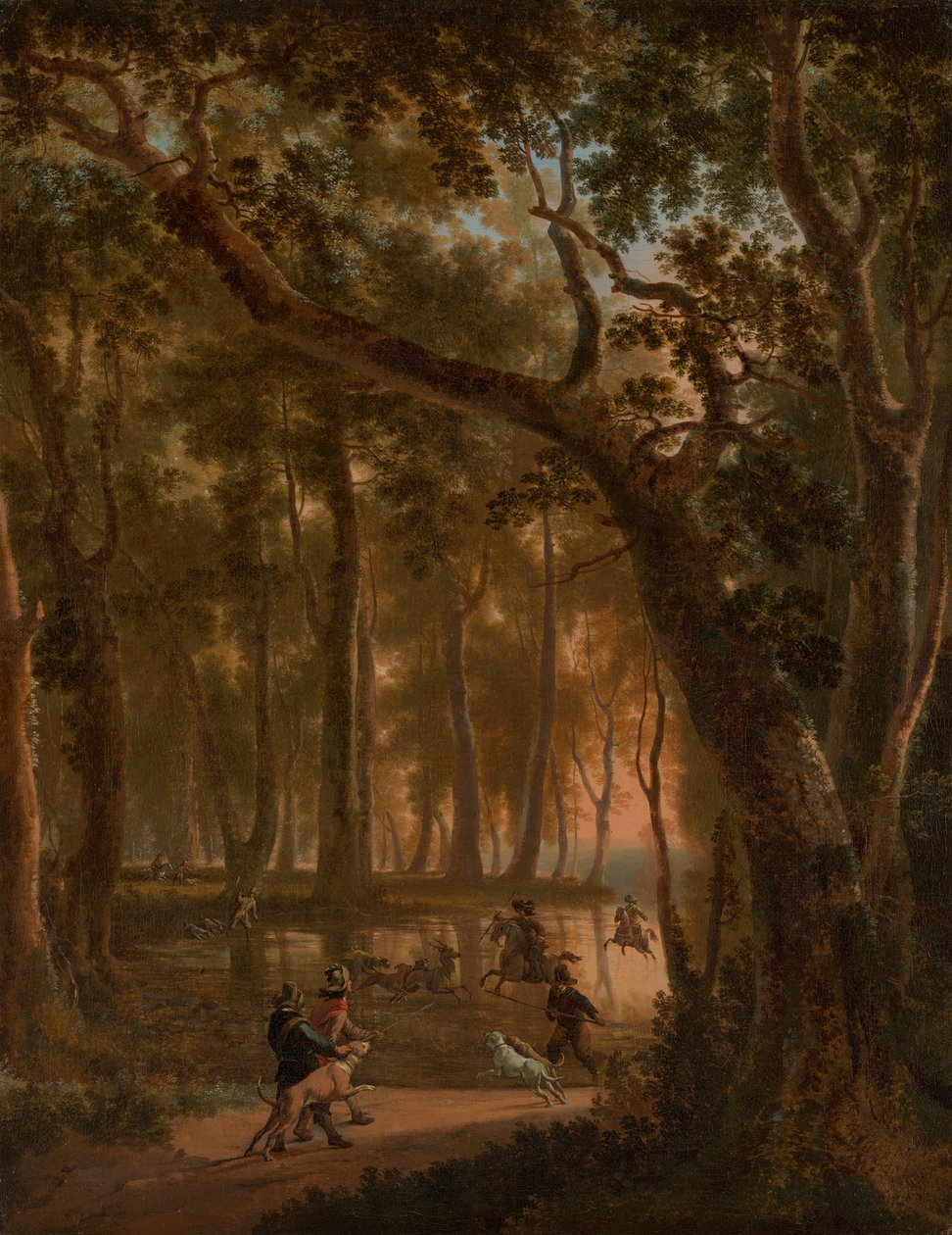 Hirschjagd in einem Wald von Jan Hackaert