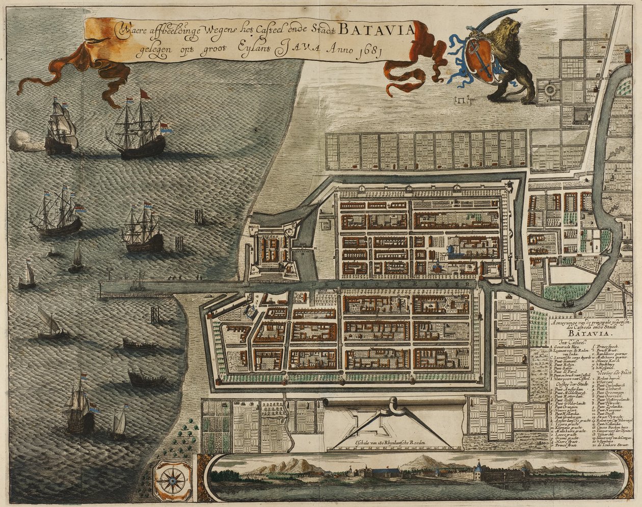 Karte des Schlosses und der Stadt Batavia auf der Insel Java (heute Jakarta, Indonesien) von Jan Janssonius