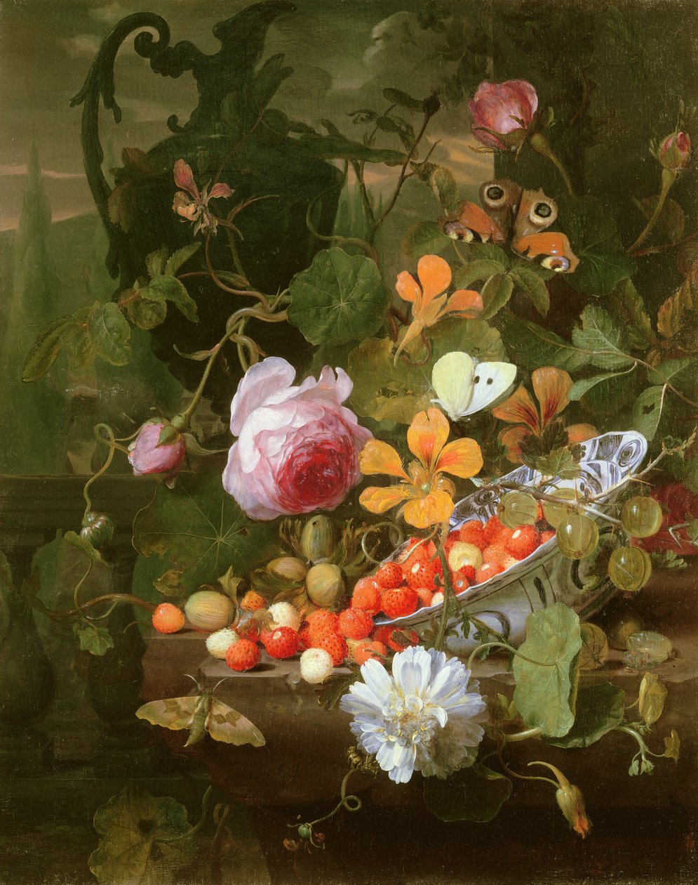 Ein Stillleben mit Erdbeeren in einer Schale und Blumen, 1696 von Jan Mortel