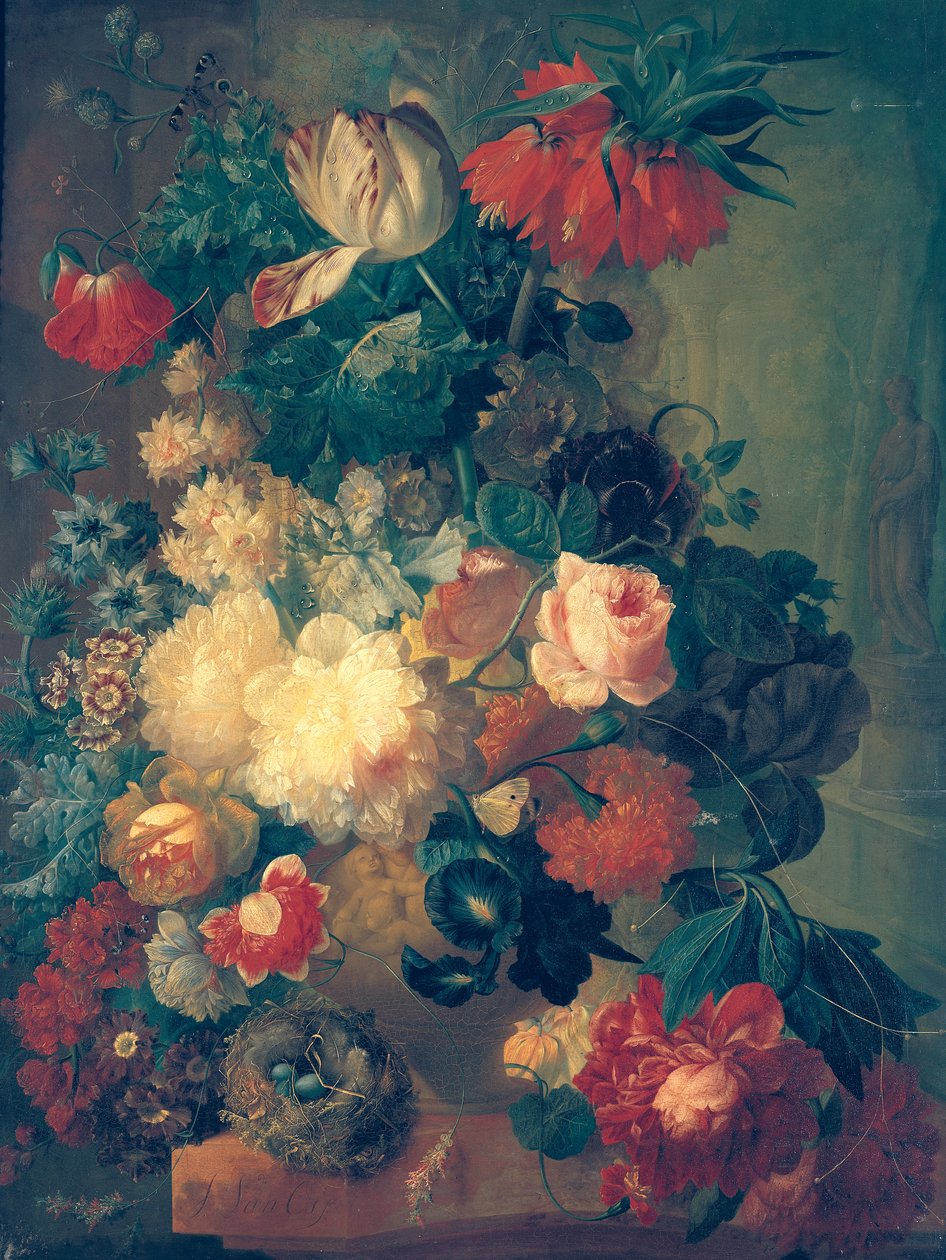 Blumen in einer Vase mit einem Vogelnest von Jan van Os