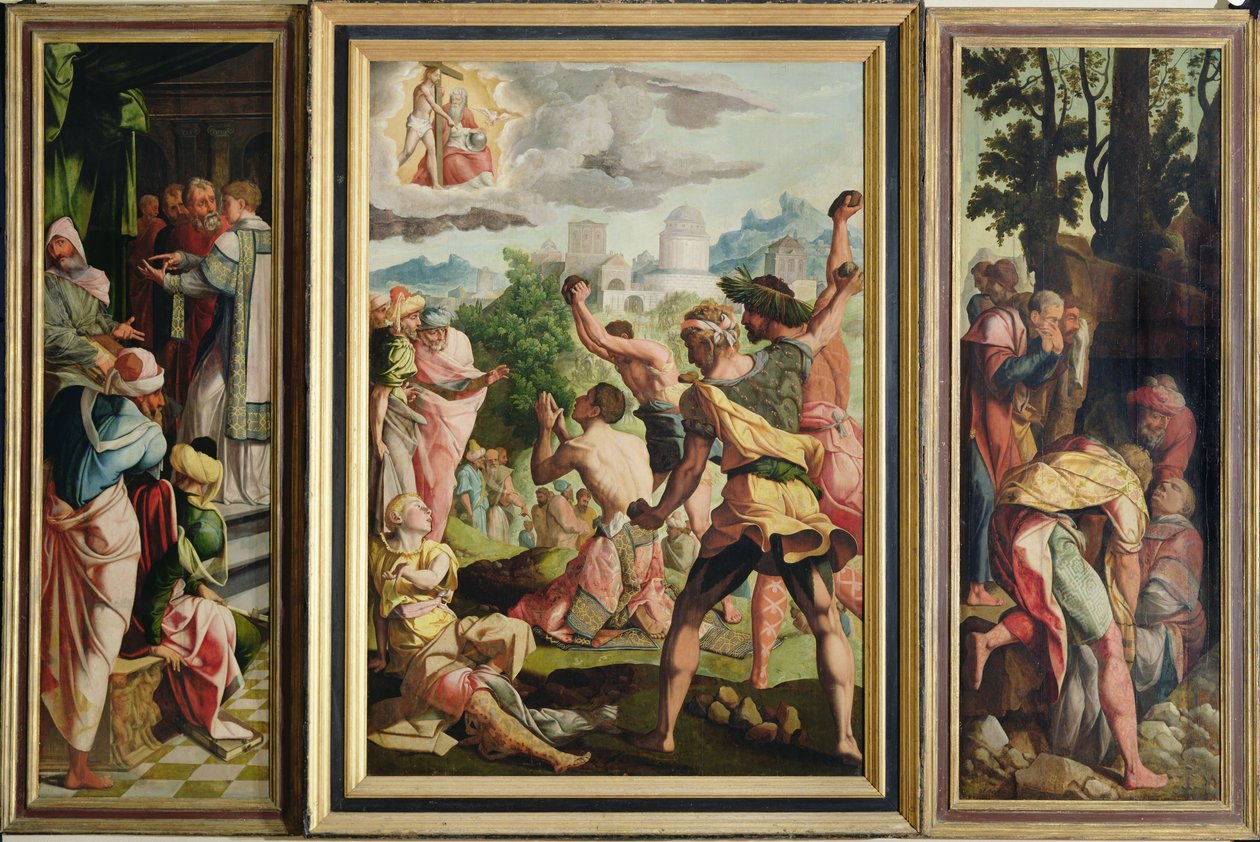 Die Predigt, Steinigung und Beisetzung des Heiligen Stephanus, aus dem Polyptychon des Heiligen Stephanus und des Heiligen Jakobus des Älteren, ca. 1541 von Jan van Scorel