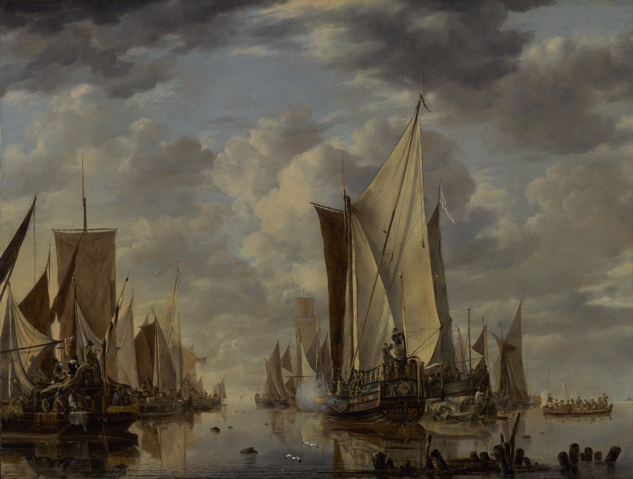 Schiffe in einer ruhigen See bei Vlissingen mit einer Salutschuss abfeuernden Yacht der Generalstaaten von Jan van de Cappelle