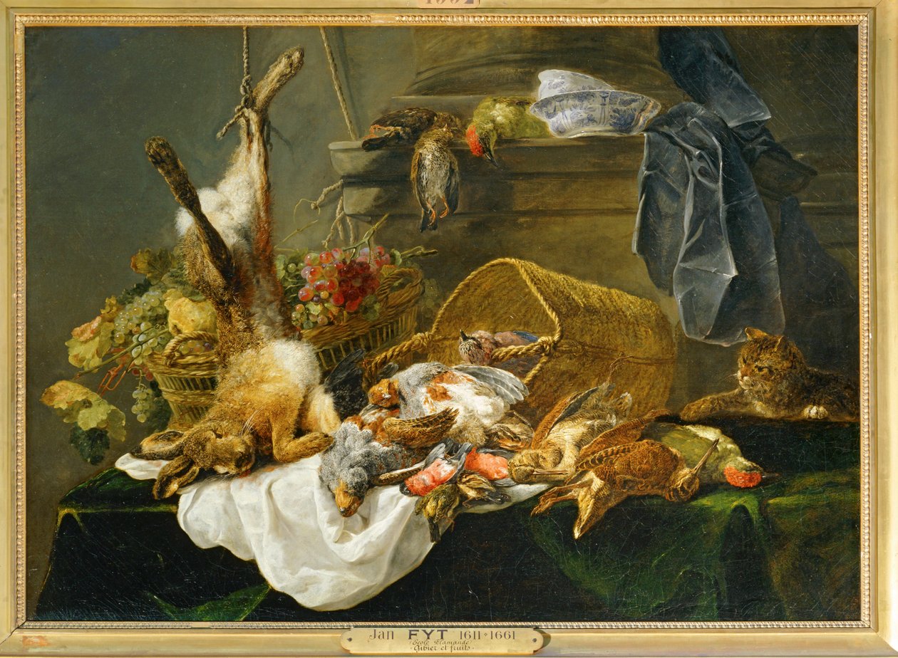 Wild und Früchte, beobachtet von einer Katze von Jan Fyt