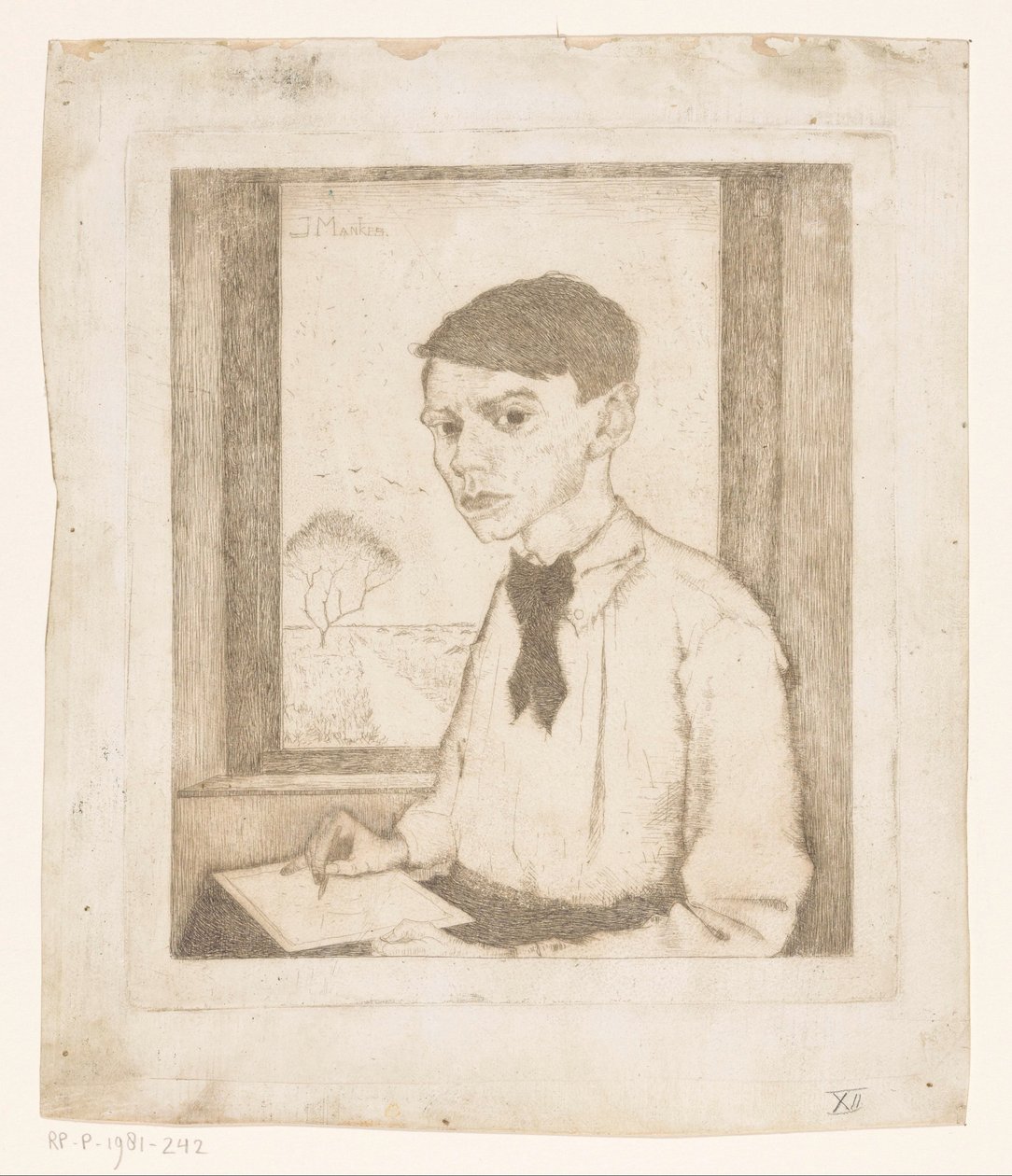 Selbstporträt zeichnend am Fenster von Jan Mankes