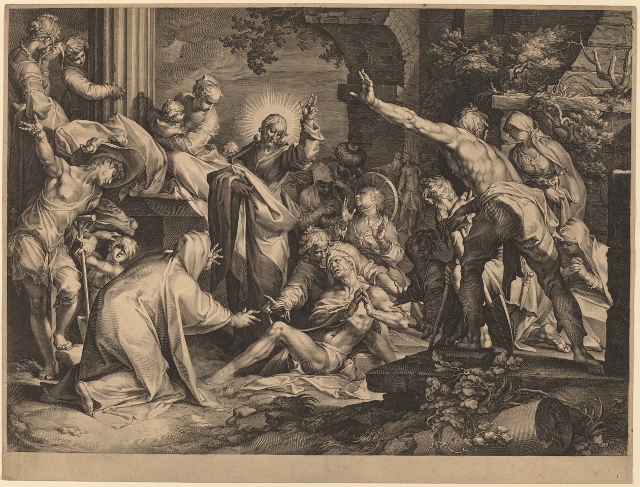 Die Auferweckung des Lazarus von Jan Muller after Abraham Bloemaert