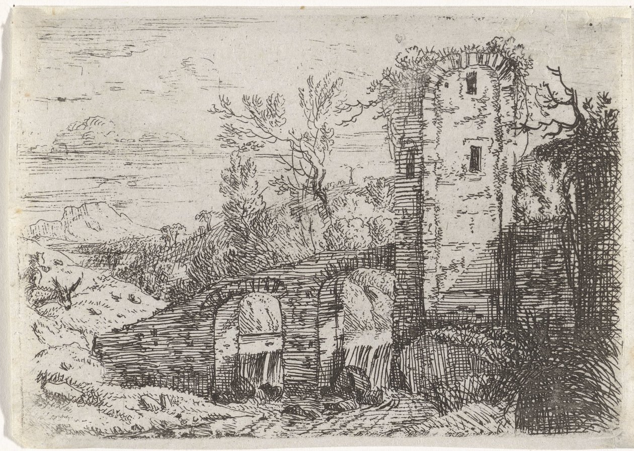 Steinerne Brücke über Wasserfall von Jan van Nickelen