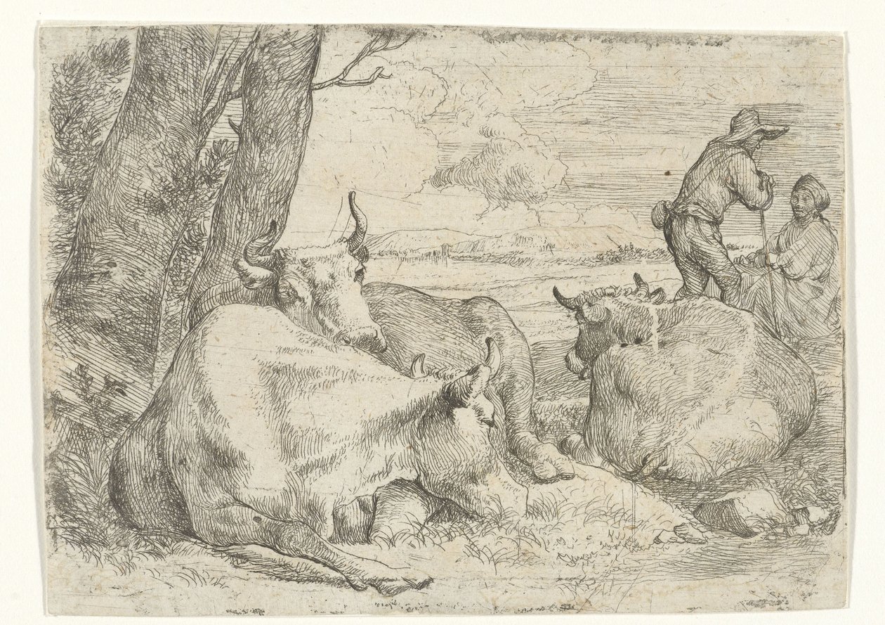 Drei Kühe und zwei Hirten von Jan van Ossenbeeck