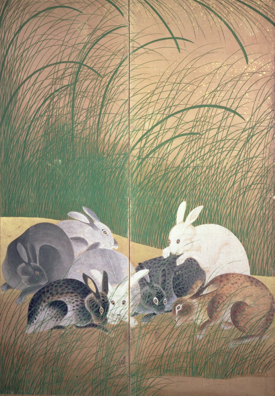 Hasen und Herbstgräser von Japanese School