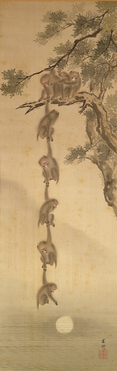 Affen, die nach dem Mond greifen, Edo-Periode (1603-1867) von Japanese School