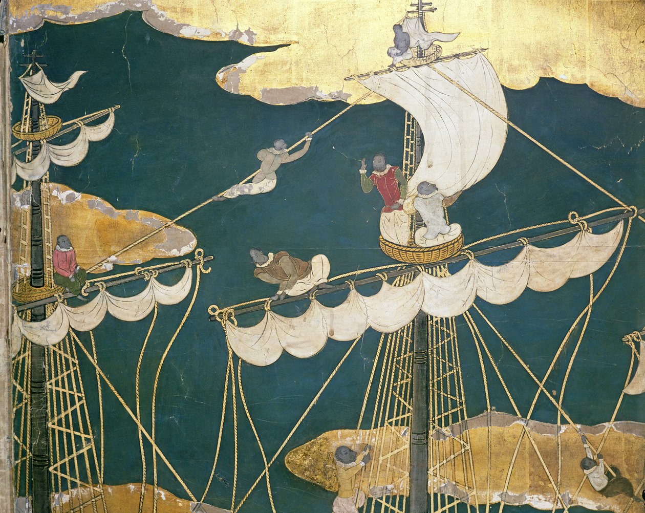 Die Ankunft der Portugiesen in Japan, Detail des Schiffsmastes und Krähennestes, von einem Namban Byobu Bildschirm, 1594-1618 von Japanese School
