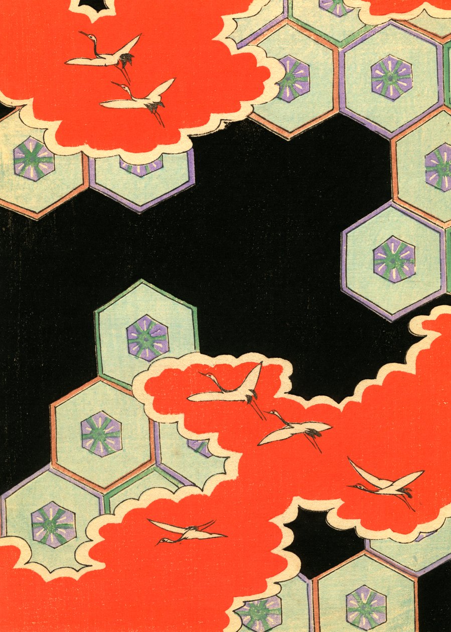 Rote Wolken mit fliegenden Kranichen von Japanese School