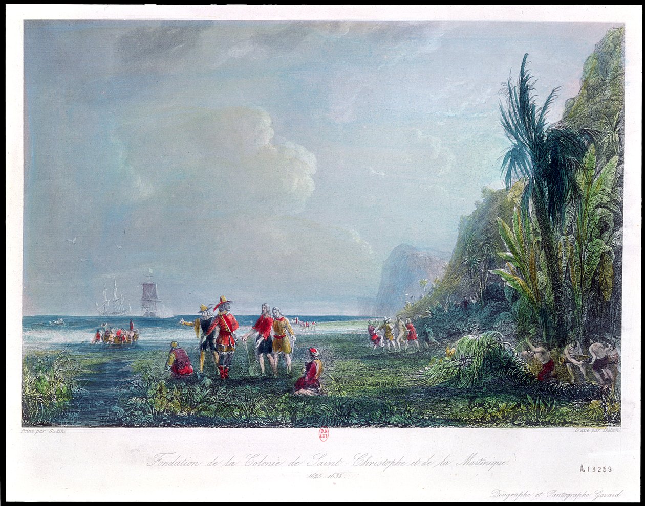 Die Gründung der Kolonie Saint-Christophe und Martinique (um 1625-35) von Jean Antoine Theodore Gudin