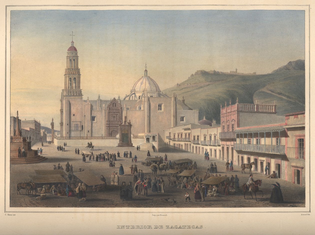 Innenansicht von Zacatecas, Blick auf Zacatecas, Zacatecas. Handkolorierte Lithographie mit Gummiarabikum hervorgehoben. von Jean Baptiste Arnout