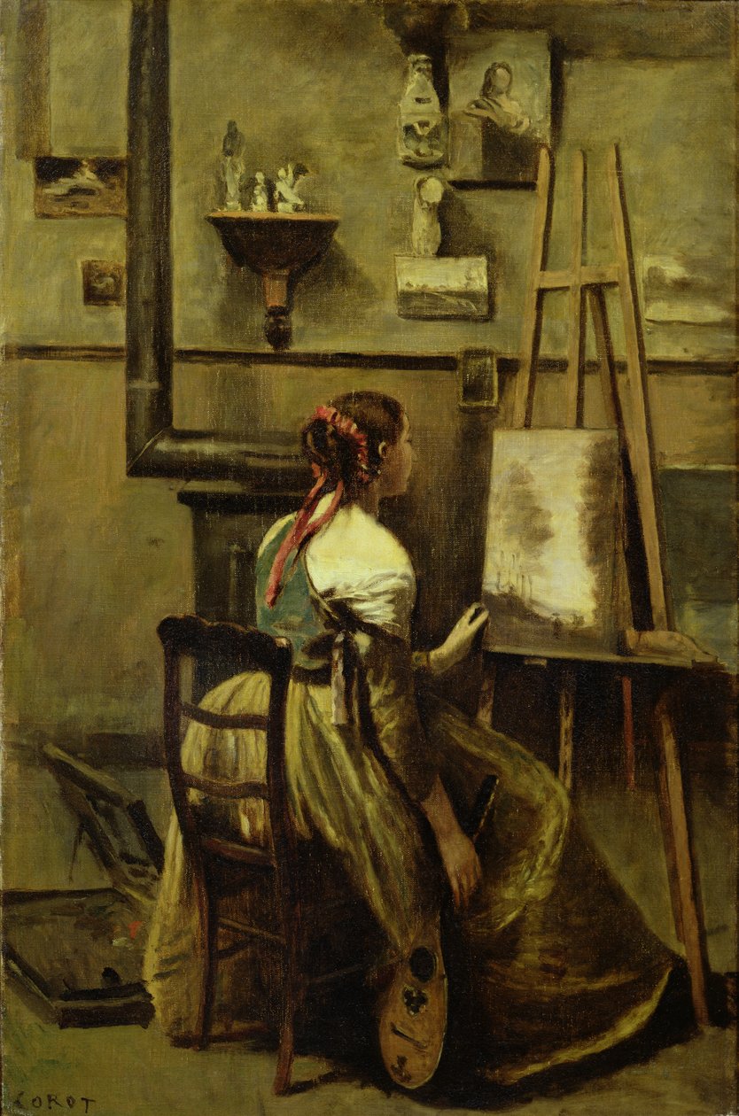 Das Studio von Corot, oder Junge Frau vor einer Staffelei sitzend, 1868-70 von Jean Baptiste Camille Corot