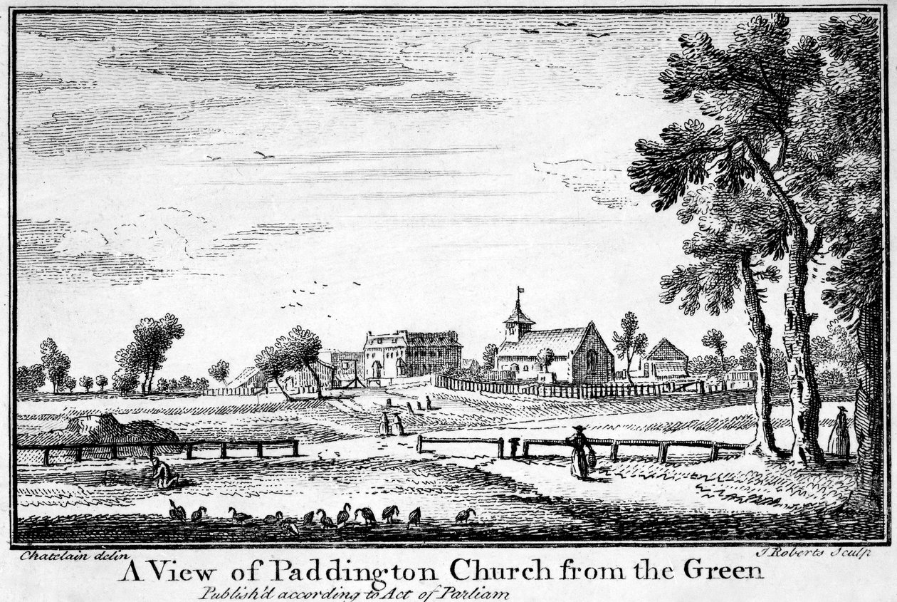 Ein Blick auf die Paddington-Kirche vom Grünen, ca. 1750 von Jean Baptiste Claude Chatelain
