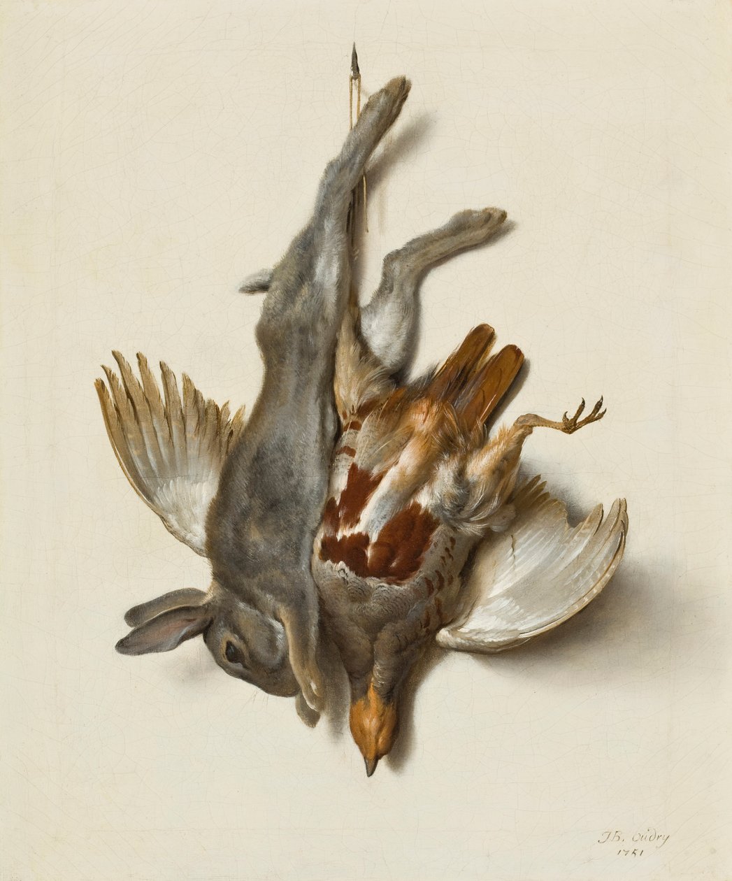 Ein junger Hase und Rebhuhn, aufgehängt an den Füßen, 1751 von Jean Baptiste Oudry