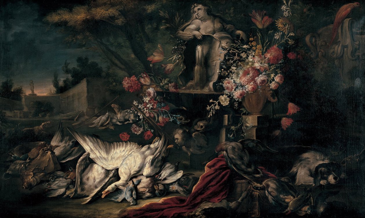 Stillleben mit Jagdausrüstung und Blumen I von Jean Baptiste Oudry