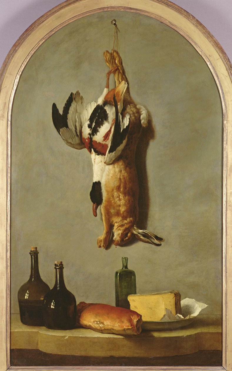 Stillleben (Hase, Ente, Flaschen, Brot und Käse), 1742 von Jean Baptiste Oudry