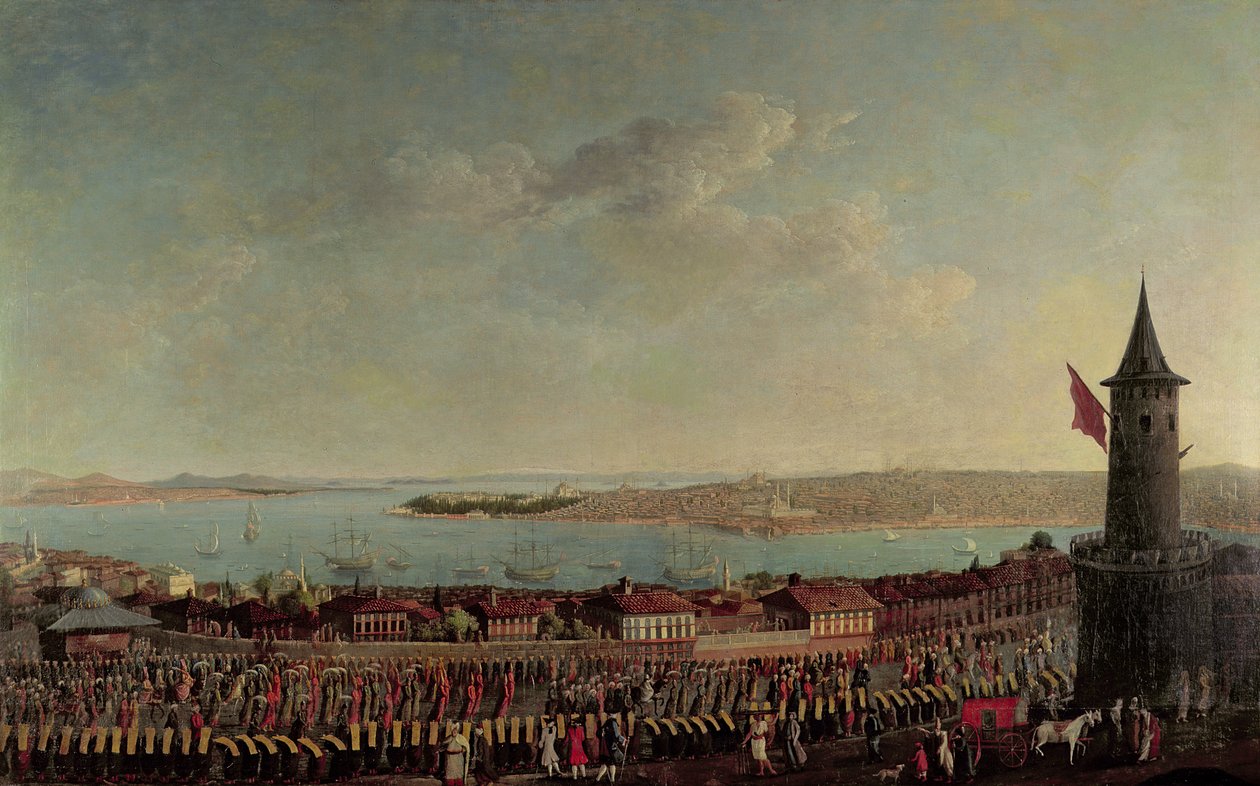 Ansicht von Konstantinopel mit einer Prozession von Janitscharen, die am Galata-Turm vorbeiziehen von Jean Baptiste Vanmour