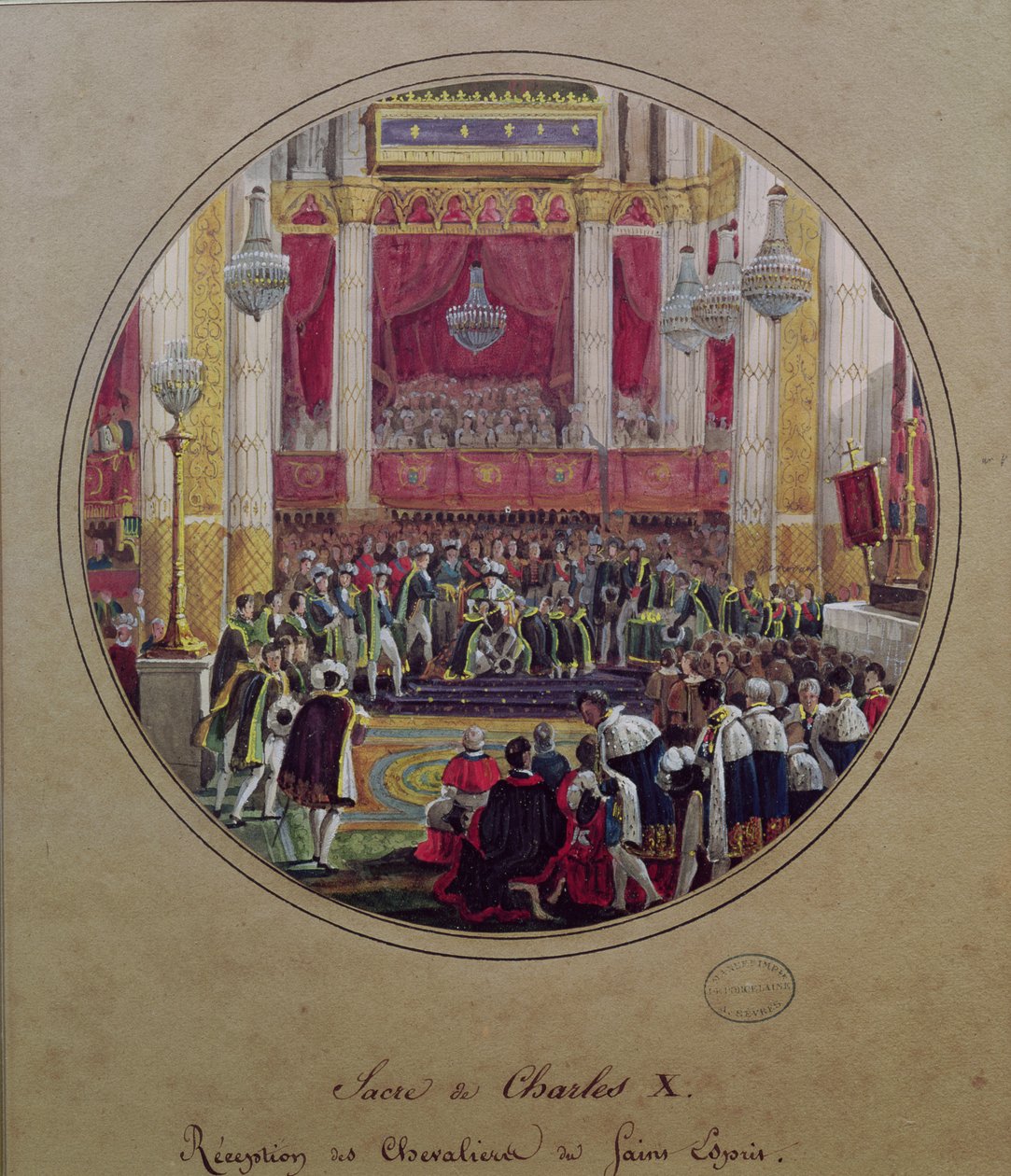 König Karl X. (1757-1836) empfängt die Ritter des Heiligen Geistes in der Kathedrale von Reims am 30. Mai 1825 von Jean Charles Develly