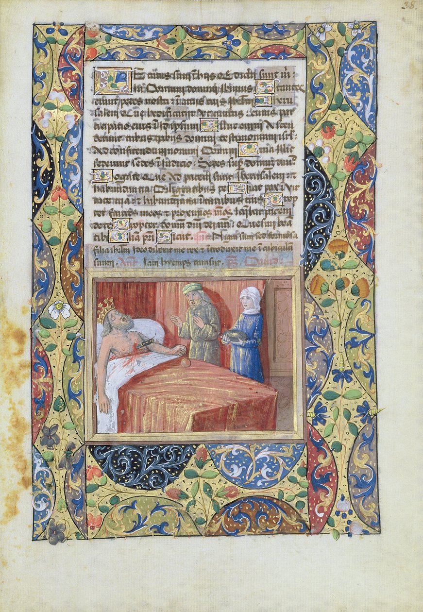 Ms Lat. Q.v.I.126 f.38 Der König mit einem Messer durch sein Herz gestochen, aus dem 