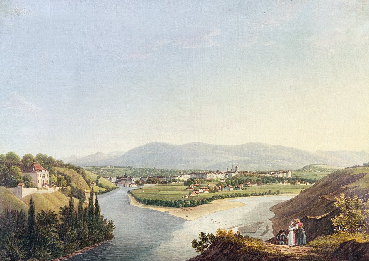 Blick auf Genf von der Mündung der Rhone und der Arve, graviert von Friedrich Salathe (1793-1860) von Jean Dubois