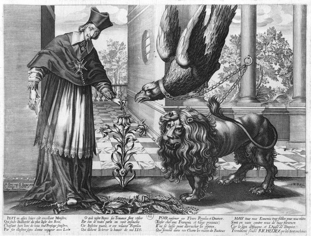 Allegorie zu Ehren von Kardinal Richelieu im Kampf gegen Österreich, Spanien und die Feinde innerhalb Frankreichs, 1628 von Jean Ganiere or Gagniere
