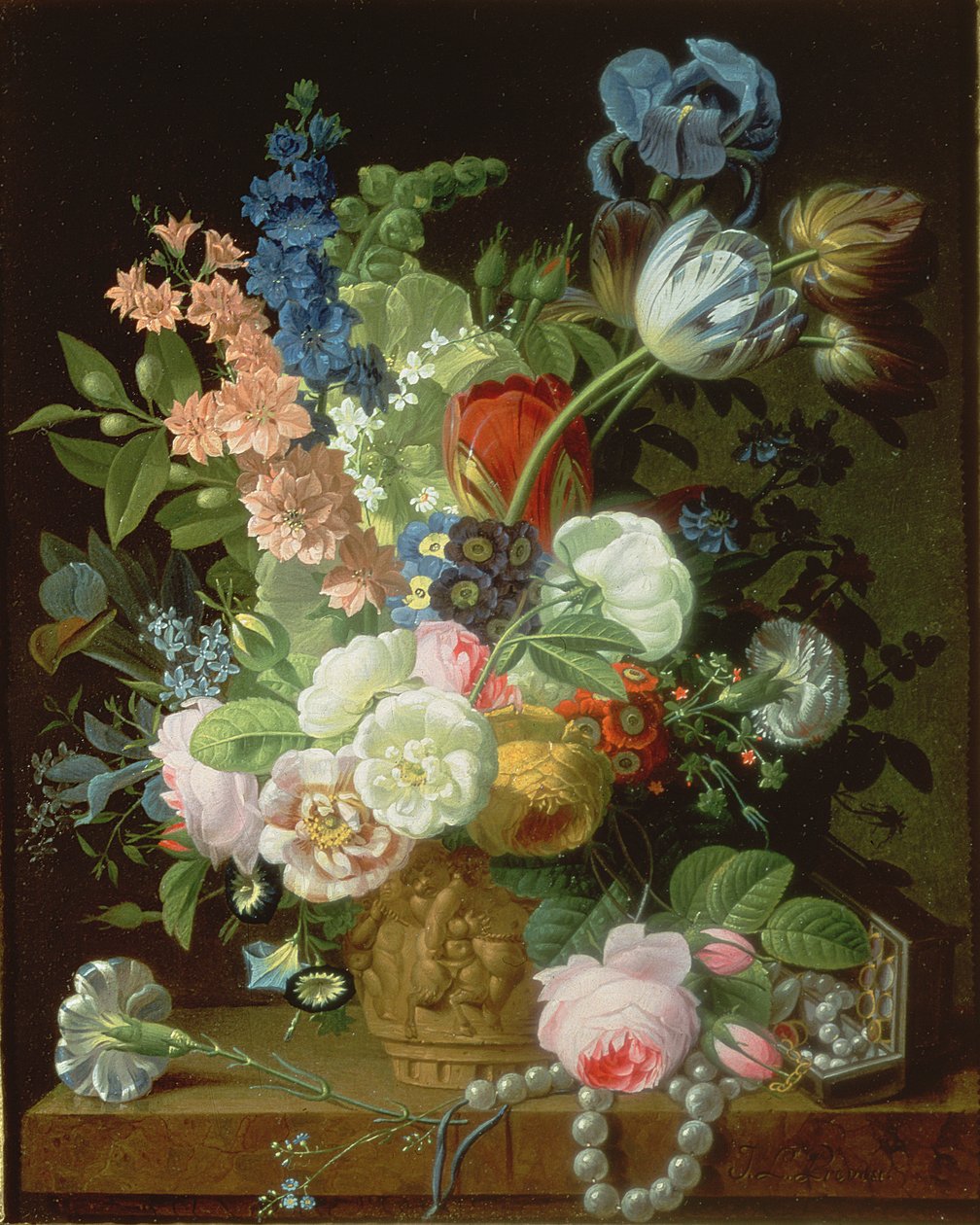 Stillleben mit Rosen, Tulpen, Nelken und anderen Blumen in einer dekorativen Urne auf einem Stein Sims von Jean Louis Prevost