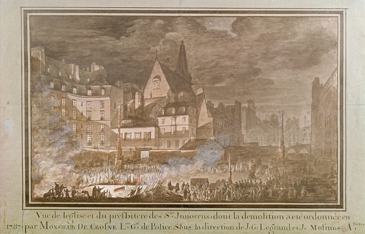 Ansicht des Presbyteriums und der Kirche der Unschuldigen während des Abrisses, 1787 von Jean Nicolas Sobre